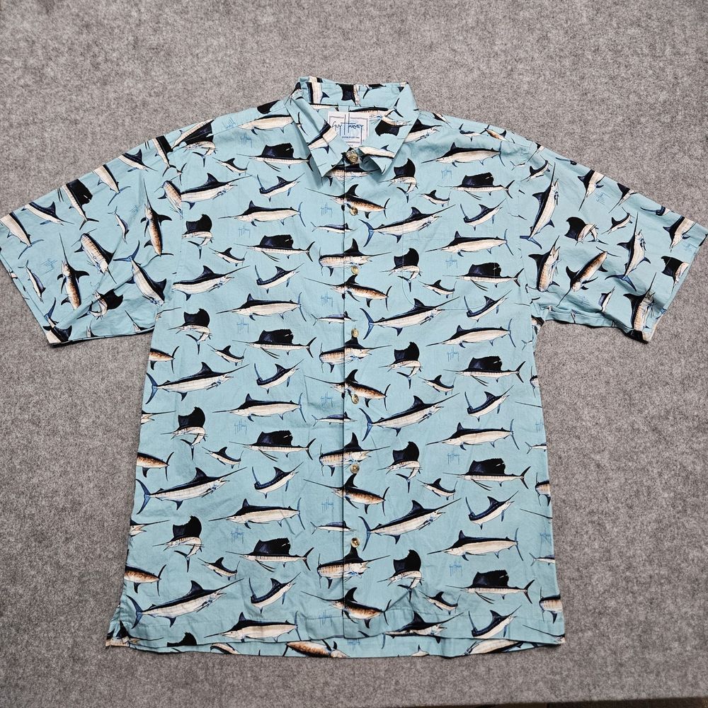 Guy Harvey AFTCO Bluewater Marlin Swordfish All Over Print Blue Camp Shirt Large